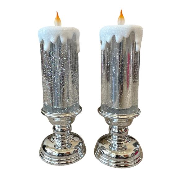 13in Illuminated Glitter Pedestal Candle by VALERIE in SILVER  Holiday Decor New - Picture 3 of 10